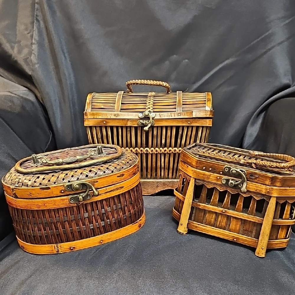 Set of Three Woven Wooden Baskets